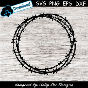 May include: A black silhouette of a barbed wire circle on a woodgrain background. The image is for a digital download of a design for crafting.