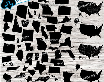 May include: A set of black and white silhouette outlines of the United States and each individual state. The outlines are on a woodgrain background. The text "Download SVG PNG EPS DXF" and "designed by: Salty Air Designs" is at the top and bottom of the image.