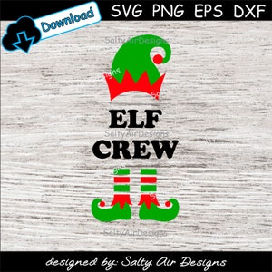 May include: A digital design featuring a green elf hat with a red trim and a red pom-pom, along with the words "ELF CREW" in black text. The design also includes two green elf shoes with red and white stripes.