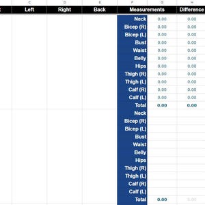 May include: A spreadsheet with columns labeled "Front", "Left", "Right", "Back", "Measurements", "Difference", and "Difference". The spreadsheet contains measurements for different body parts, including neck, bicep, bust, waist, belly, hips, thigh, and calf. The measurements are in inches.