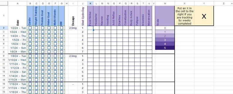 May include: A spreadsheet with a calendar, a list of daily activities, and a section for tracking symptoms. The spreadsheet is color-coded and includes a scale for measuring symptom severity. The spreadsheet also includes a check box for marking weeks completed.
