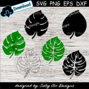 May include: Five different designs of a monstera leaf, including black, white, and green variations. The designs are on a woodgrain background.