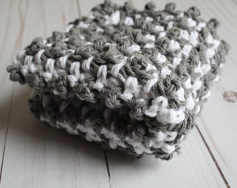 Handmade Crochet Cotton Washcloth | Grey and White Striped Dishcloth