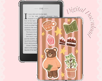 読書好きのクマ | 風変わりなコテージコア風Kindleインサート印刷可能 | 読書好きのガーリーな電子書籍リーダー装飾デジタルダウンロード