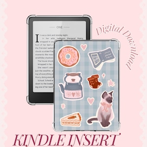 May include: A Kindle insert featuring a digital download design. The design includes a donut, book, teapot, socks, pie, cat, and hearts on a blue and white checkered background. The word "KINDLE INSERT" is at the bottom.