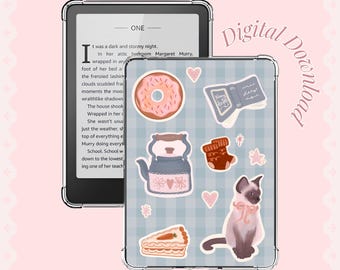コテージコア風Kindle挿入画像｜ギンガムチェックの猫、ドーナツ、ケーキのデコレーション（デジタルダウンロード）
