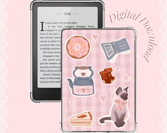 コテージコア風Kindle挿入画像｜ギンガムチェックの猫、ドーナツ、ケーキのデコレーション（デジタルダウンロード）