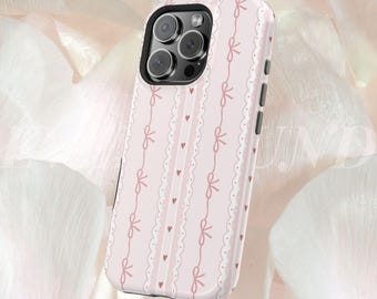 ピンクのリボンストライプ柄スマホケース｜マグネット式耐衝撃ケース