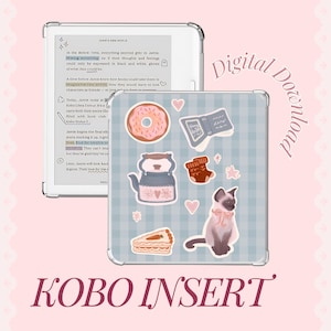Puede incluir: Insert Kobo de descarga digital con un patrón de cuadros vichy azul claro. Incluye pegatinas de una rosquilla, libro, tetera, calcetines, pastel, gato y corazones. El texto "EVERBOUND" y "KOBO INSERT" es visible.