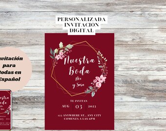 Puede incluir: Invitación de boda digital en español, con fondo burdeos y elementos de diseño floral y geométrico. La invitación incluye el texto "Nuestra Boda" y los detalles del evento. Una versión más pequeña se muestra en un smartphone.
