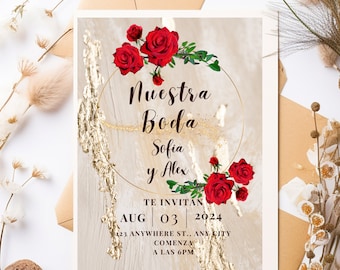 Puede incluir: Invitación de boda con el texto "Nuestra Boda Sofia y Alex", adornada con rosas rojas y detalles dorados. La invitación incluye la fecha 3 de agosto de 2024 y detalles del evento. Elementos florales enmarcan la invitación.