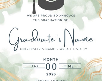 Salie-goud-wit afstudeeraankondiging/uitnodiging