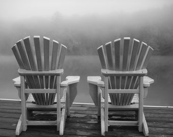 Muskoka chairs on lake at cottage photo photography black and white mist morning photograph wall art serenity calm peace quiet