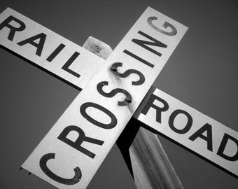 Railroad railway crossing train tracks sign black and white  prints photo photography engine caboose