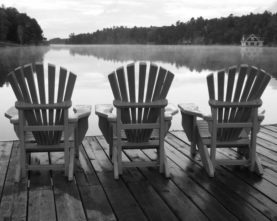 Muskoka chairs Lake Ontario morning relax cottage black white prints photo photography boat serene serenity quiet calm tranquil solitude