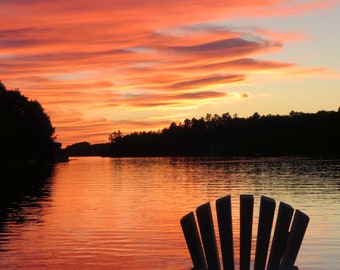 Sunset cottage lake sunrise dock Muskoka chair Ontario relax photograph wall art decor