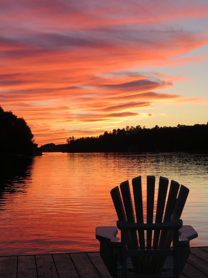 Sunset Cottage Lake Sunrise Dock Muskoka Chair Ontario Relax Photograph
