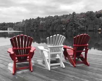 Muskoka chairs lake cottage Ontario Canada  dock tranquil peace photography photo photograph wall art red black and white