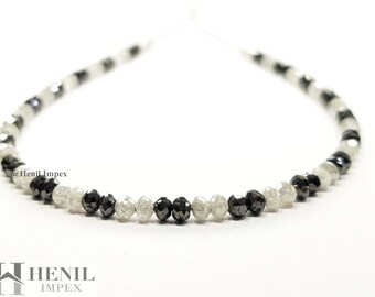 Sparkling Natural Diamond - 15.04 Ct Fancy White & Black Color Round Diamond Beads 16" Strand Silver Clasp, Gift for Daughter, Gift for Girl