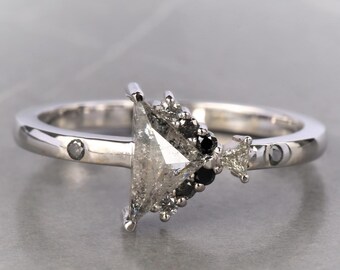 Könnte beinhalten: Ein silberner Ring mit einem einzigartigen Design. Der Ring hat einen großen, unregelmäßig geformten, hellfarbigen Stein als Mittelpunkt, umgeben von kleineren schwarzen und klaren Steinen. Der Ring hat kleine, eingebettete Steine.