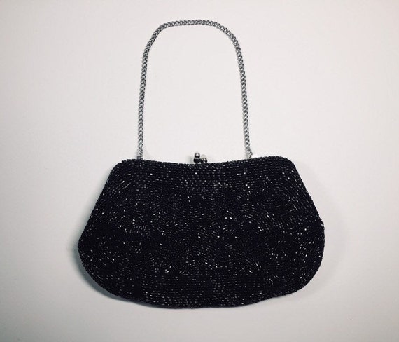 Vintage Black Beaded Clutch - Iridescent Finely Wo
