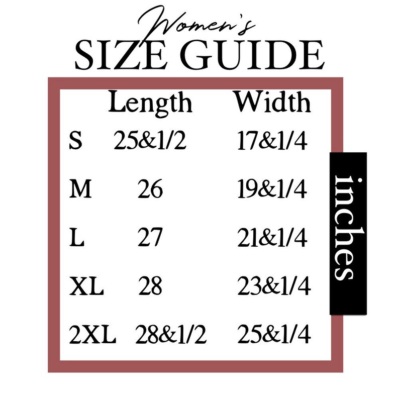 Puede incluir: Tabla de tallas para ropa con medidas en pulgadas. La tabla muestra las tallas S, M, L, XL y 2XL con las medidas de longitud y ancho correspondientes.