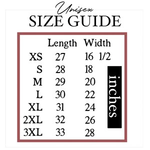 Puede incluir: Tabla de tallas unisex con medidas en pulgadas para las tallas XS, S, M, L, XL, 2XL y 3XL. La tabla muestra las medidas de longitud y ancho para cada talla.