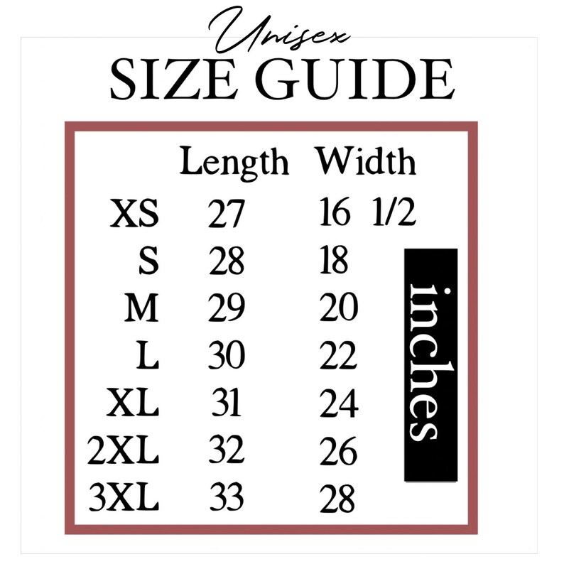 Puede incluir: Tabla de tallas unisex con medidas en pulgadas para las tallas XS, S, M, L, XL, 2XL y 3XL. La tabla muestra las medidas de longitud y ancho para cada talla.