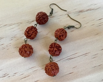 Rugged - Red Rudraksha Earrings - Natural Jewlery - Handmade Earrings - Rusty Red - Red and Bronze
