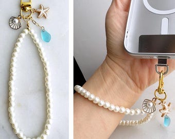 Beach Theme Pearl Wristlet Keychain, Phone Wristlet, Bag Charm, Key Chain