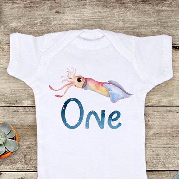One Squid Watercolor design Nautical First birthday Baby bodysuit or Baby T-Shirt - cute birthday outfit Nautical Two Second Birthday