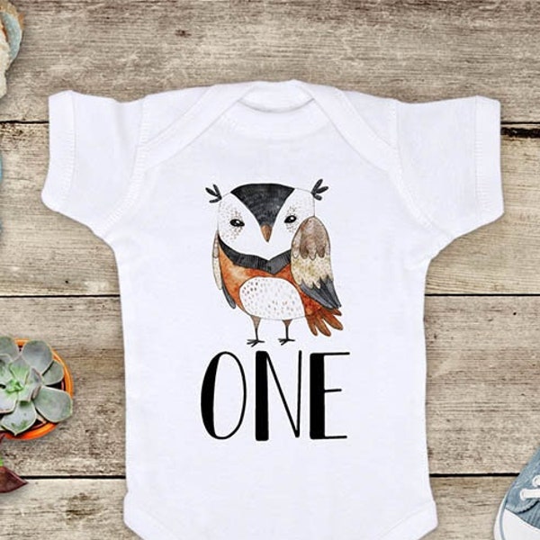 Owl One  zoo animal First birthday Baby bodysuit or Baby T-Shirt - cute birthday outfit Two Second Birthday