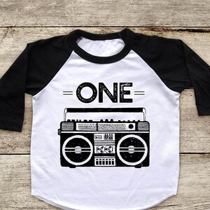 One Boombox Cool Retro Music 1980s Boombox First Birthday Baby Raglan 3/4 Sleeves American Apparel Shirt