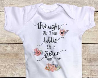 Though she be but little She is fierce boho hippie hipster flowers baby bodysuit baby shower gift - Made in USA - toddler kids youth shirt