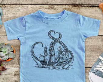 Camiseta con estampado de Kraken con barco, calamar gigante y pulpo, animales del zoológico, mar y océano - Body para bebé, camiseta para niños pequeños y jóvenes, lindo regalo de cumpleaños y baby shower