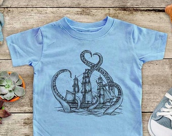 Kraken with Ship giant squid octopus graphic Zoo sea ocean animal Shirt - Baby bodysuit Toddler youth Shirt cute birthday baby shower gift