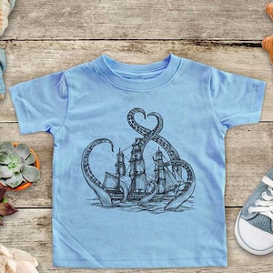 Kraken with Ship giant squid octopus graphic Zoo sea ocean animal Shirt - Baby bodysuit Toddler youth Shirt cute birthday baby shower gift