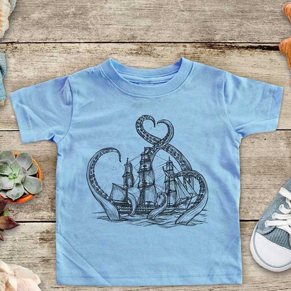 Kraken with Ship giant squid octopus graphic Zoo sea ocean animal Shirt - Baby bodysuit Toddler youth Shirt cute birthday baby shower gift