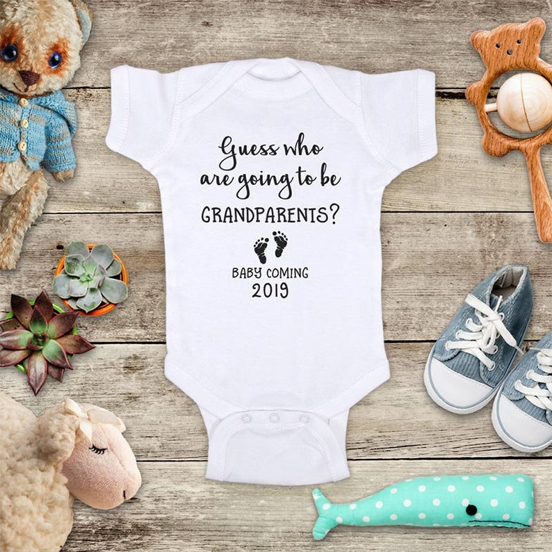 Baby Coming 2021 or 2022 surprise birth announcement Baby bodysuit shower gift pregnancy parents Guess who are going to be Grandparents