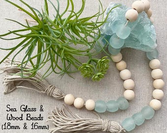 Coastal Home Decor with Wood and Glass Beads - Boho Bohemian Decor, Sea Glass Garland, Beaded Rope with wood glass Marine water ocean colors