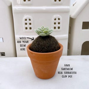 May include: A small faux succulent plant with light green leaves sits atop a dark brown wool sphere inside a terracotta clay pot. Text on the image reads: WOOL ADD YOUR SCENT HERE and FAUX SUCCULENT REAL TERRACOTTA CLAY POT.