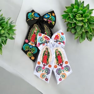 Embroidered Hair Bow, Coquette Bow, Mexican Bow, Moños Mexicanos, Moños bordados, Virgen de Guadalupe Bow
