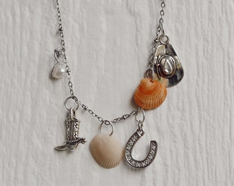 Cowgirls Only Charm Bracelet | silver, shells, cowgirl boot, cowboy hat, horseshoe, charms, lucky
