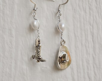 Cowgirls Live Forever Earrings | cowboy hat, cowboy boot, pearls, silver, dangle earrings, charms