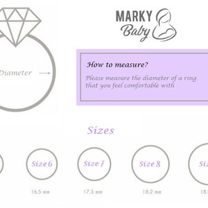 May include: A guide to ring sizes with a diagram showing how to measure the diameter of a ring. The chart shows five different ring sizes with their corresponding diameters in millimeters: 15.7 mm, 16.5 mm, 17.3 mm, 18.2 mm, and 18.9 mm.
