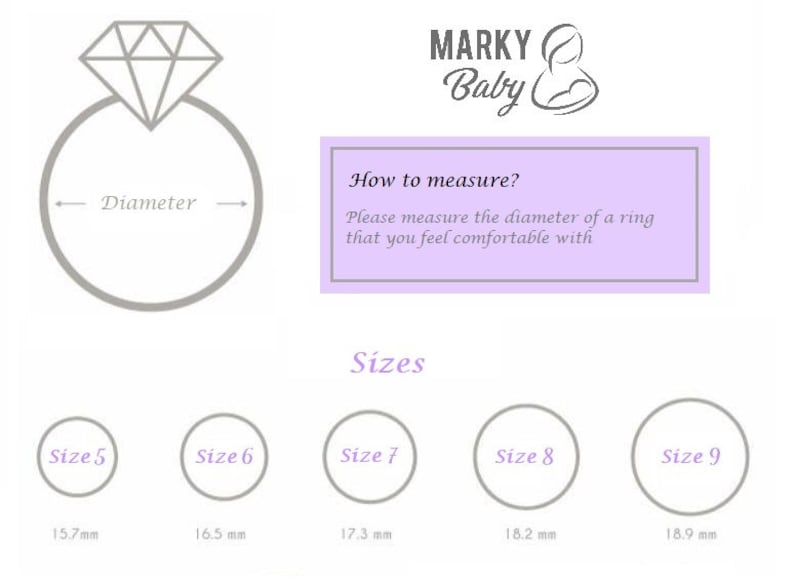 May include: A guide to ring sizes with a diagram showing how to measure the diameter of a ring. The chart shows five different ring sizes with their corresponding diameters in millimeters: 15.7 mm, 16.5 mm, 17.3 mm, 18.2 mm, and 18.9 mm.