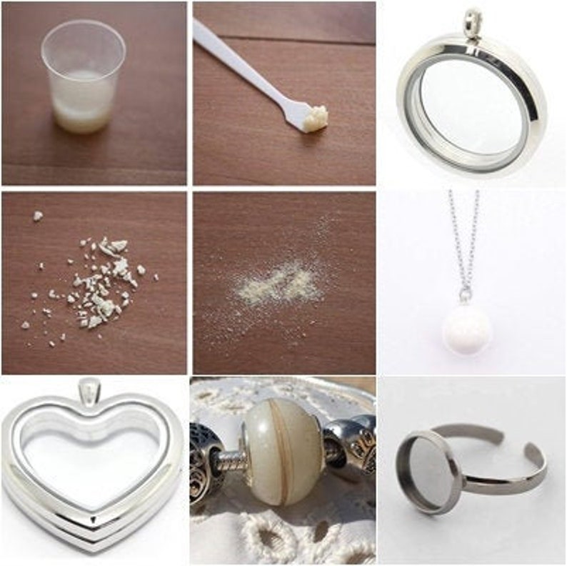 May include: A set of five silver locket pendants, including a heart-shaped locket, a round locket, a locket with a pearl charm, a locket with a white and brown bead, and a locket with a ring. The lockets are all open and ready to be filled with your favorite charms.