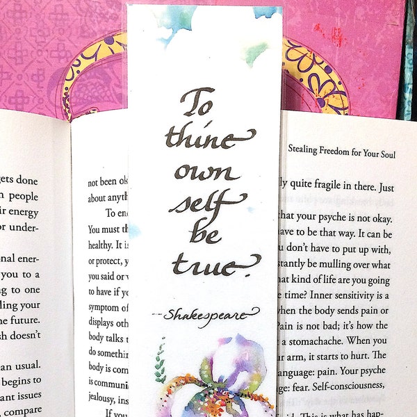 Watercolor bookmark, custom bookmark, book club gift, teacher bookmark, To thine own self be true, Shakespeare quote, book worm gift