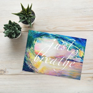 Karta z pozdrowieniami Just Breathe Rainbow Wave, karta przypominająca o jodze, uspokajająca notatka wsparcia, notatka przypominająca o medytacji, pozdrowienie o wewnętrznym spokoju