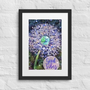 Póster de buenas vibras, impresión enmarcada con deseos de diente de león, impresión con cita positiva, mundo cósmico de diente de león, decoración de pared pequeña, mundo pequeño de 30 x 40 cm